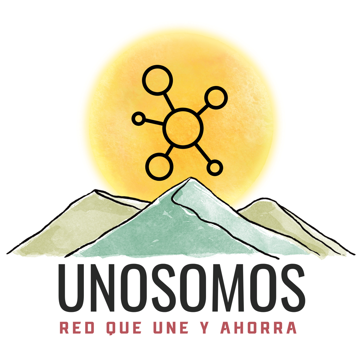 Logo de UNOSOMOS: sol con una red de nodos sobre la cordillera